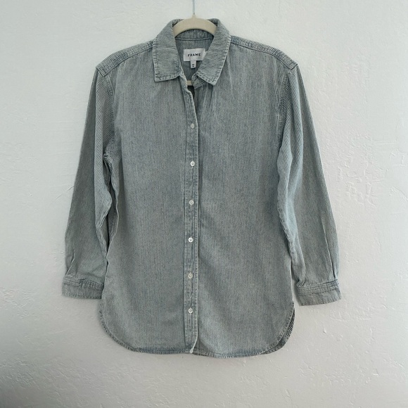 Frame Bleached Stripe Denim Casual Button Down Long Sleeve Shirt - Picture 1 of 4